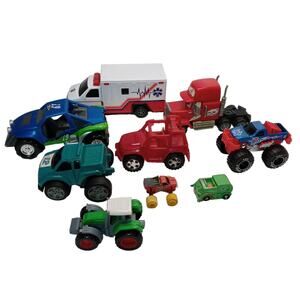 Mixed Lot of 9 Die Cast & Plastic Toy Cars: Ambulance Tracker Jeep Truck Cars